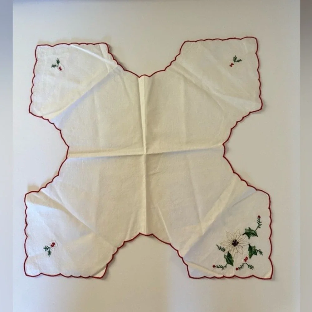 VINTAGE- Embroidered, Hand made, Bread Basket Cover/Liner.‎ Xmas. Holly.